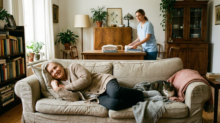 Eine ältere Frau sitzt entspannt auf einem bequemen Sofa, während eine Betreuerin im Hintergrund liebevoll die frische Wäsche zusammenlegt.