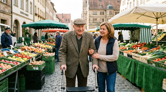 Ein Senior mit Rollator wird von einer freundlichen Alltagsbegleiterin sicher über einen belebten Wochenmarkt mit frischem Obst und Gemüse geführt.