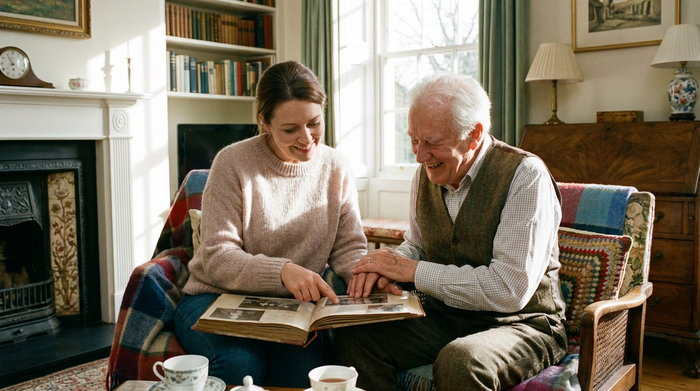 Eine Betreuerin und ein Senior betrachten gemeinsam alte Fotoalben im gemütlichen Wohnzimmer, beide strahlen Ruhe und Verbundenheit aus.