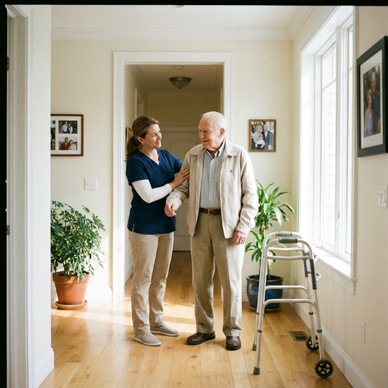 Eine aufmerksame Betreuerin hilft einem älteren Herrn beim Anziehen einer leichten Jacke im hellen Flur eines Hauses. Respektvoller Umgang, saubere Umgebung, realistische Fotografie.