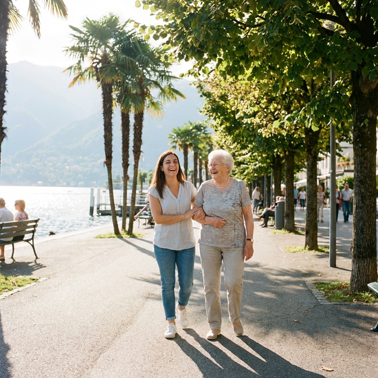 Zwei Frauen, eine jüngere Pflegekraft und eine Seniorin, spazieren entspannt an einer sonnigen Uferpromenade mit Bäumen im Hintergrund. Fröhliche Stimmung, klares Wetter.