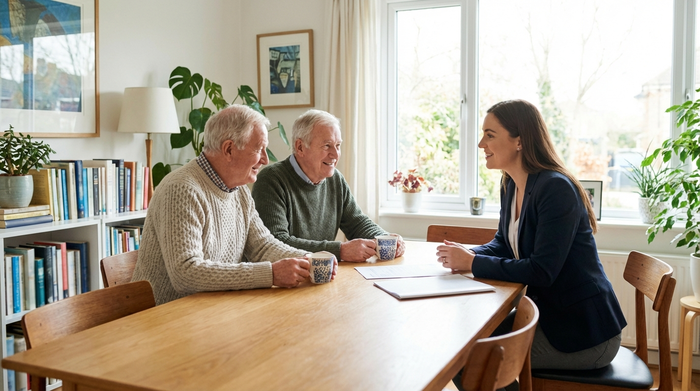 Ein älteres Ehepaar sitzt mit einer Beraterin an einem Esstisch, sie besprechen Dokumente bei einer Tasse Tee. Entspannte, seriöse Atmosphäre, helles Zimmer.