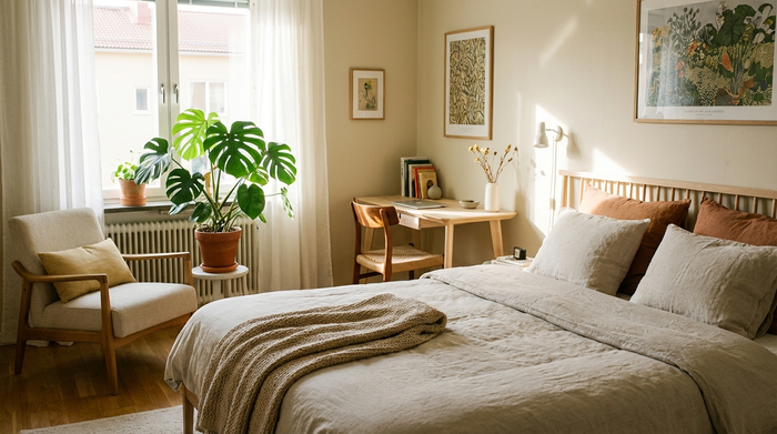 Ein helles, freundlich eingerichtetes Gästezimmer mit einem gemütlichen Bett, einem kleinen Schreibtisch, einem Sessel und einer Topfpflanze am Fenster. Einladend und ordentlich.