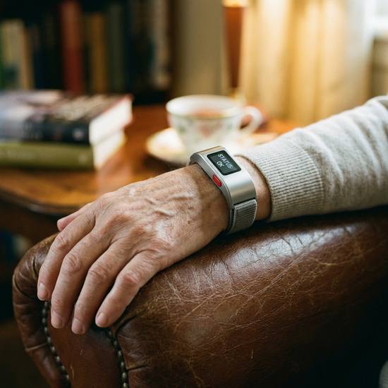 Nahaufnahme eines modernen Hausnotruf-Armbands am Handgelenk eines Seniors, der entspannt in einem Sessel sitzt. Fokus auf das Armband, unscharfer Hintergrund.