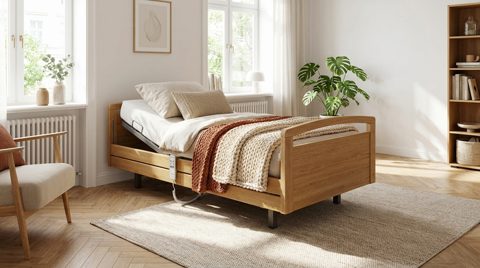 Ein helles, aufgeräumtes Schlafzimmer mit einem modernen, elektrisch verstellbaren Pflegebett in edler Holzoptik. Das Bett fügt sich harmonisch in die wohnliche Umgebung ein, weiche Kissen und eine warme Decke liegen darauf.