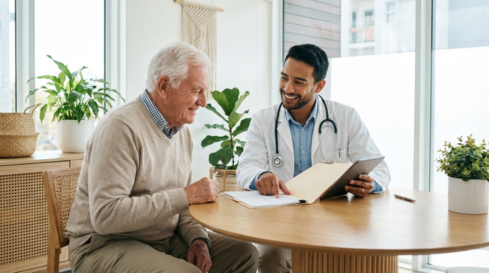 Ein älterer Herr und sein Arzt sitzen gemeinsam in einer hellen, modernen Arztpraxis und besprechen freundlich medizinische Unterlagen. Der Arzt trägt ein Stethoskop und lächelt empathisch.