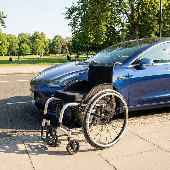 Ein moderner, leichter Rollstuhl aus Aluminium steht zusammengeklappt neben einem geparkten Auto auf einer sauberen, sonnigen Straße. Ein gepflegter grüner Park ist im Hintergrund sichtbar.