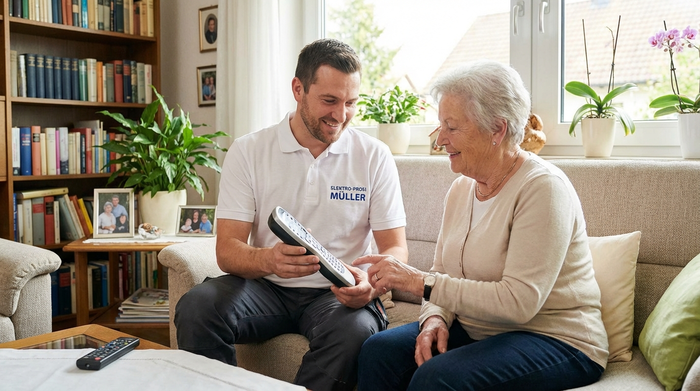Ein freundlicher Techniker in sauberer Arbeitskleidung erklärt einer aufmerksamen Seniorin im Wohnzimmer geduldig die Fernbedienung eines elektrischen Geräts. Beide wirken entspannt und zufrieden.