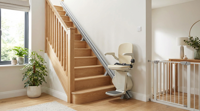 Ein moderner, unauffälliger Treppenlift fährt an einer hellen Holztreppe in einem gepflegten Einfamilienhaus entlang. Die Umgebung ist einladend, sauber und sicher gestaltet.