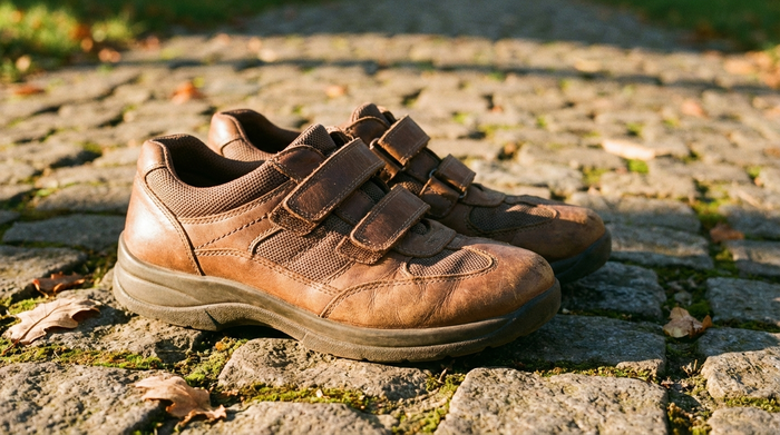 Nahaufnahme von bequemen, stützenden Senioren-Schuhen auf einem gepflasterten Weg, realistische Darstellung, warmer Lichteinfall, keine sichtbaren Markenlogos.