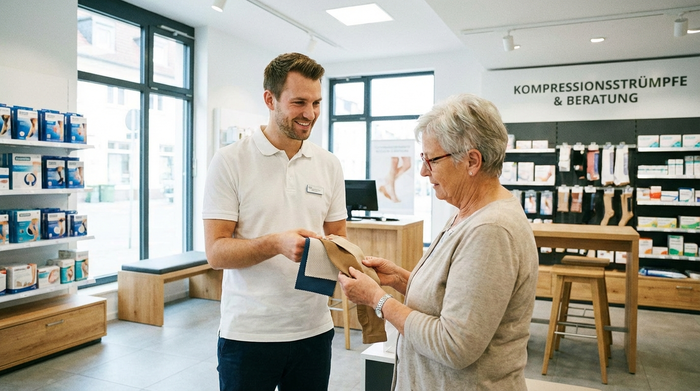Ein freundlicher Sanitätshaus-Mitarbeiter zeigt einer älteren Dame verschiedene atmungsaktive Stoffmuster für Strümpfe. Helle, saubere und professionelle Umgebung, realistische Interaktion.