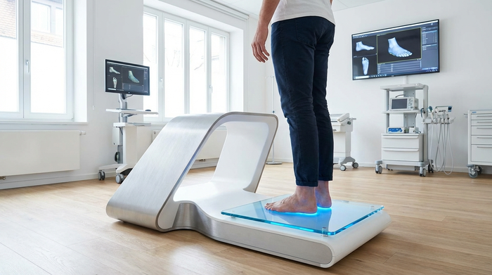 Ein moderner 3D-Fußscanner in einer hellen, sauberen Praxis. Eine Person steht barfuß auf der bläulich beleuchteten Glasplatte, technologisches und medizinisches Umfeld ohne Text.