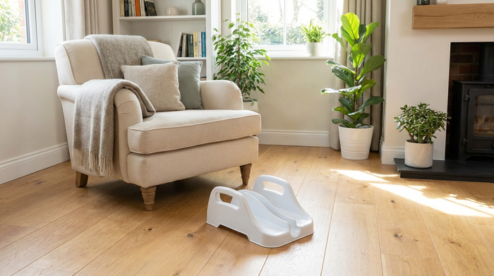Eine praktische Anziehhilfe für Strümpfe aus weißem Kunststoff steht auf einem hellen Holzboden neben einem gemütlichen Sessel in einem aufgeräumten Wohnzimmer.