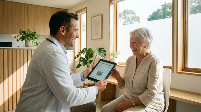 Ein engagierter Arzt in einem modernen, hellen Behandlungszimmer überreicht einer lächelnden Seniorin ein elektronisches Rezept. Beide wirken vertraut und positiv.
