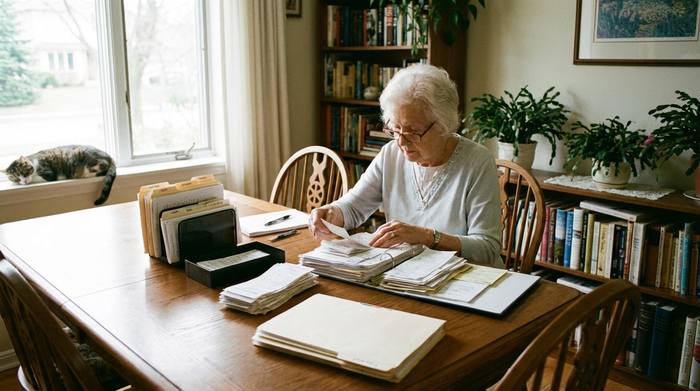 Eine ältere Dame sitzt am Esstisch und sortiert übersichtlich ihre Belege und Dokumente. Natürliches Tageslicht fällt durch das Fenster, die Szene wirkt geordnet und ruhig.