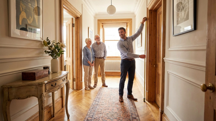 Ein freundlicher Berater misst mit einem Maßband den Türrahmen in einem stilvollen Flur aus, während ein älteres Ehepaar interessiert zuschaut. Helle, realistische Wohnumgebung.