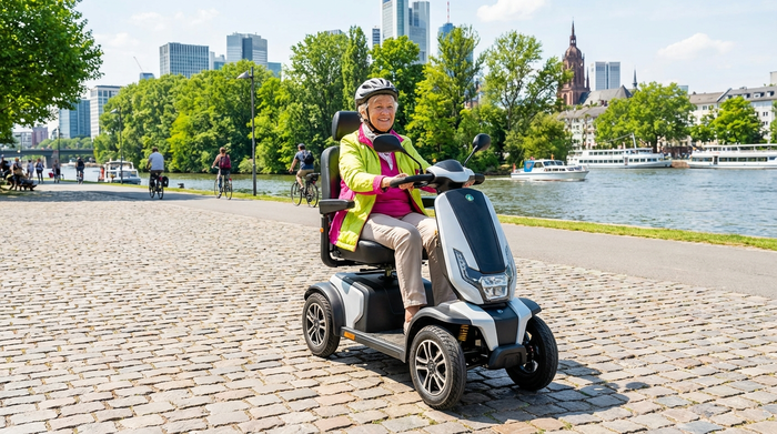 Eine rüstige Rentnerin fährt an einem sonnigen Tag mit einem modernen Elektromobil sicher über eine gepflasterte Promenade am Mainufer. Im Hintergrund grüne Bäume.