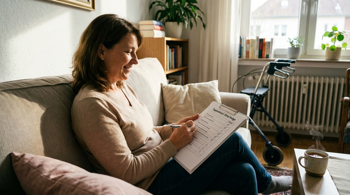 Eine pflegende Angehörige hakt mit einem Stift Punkte auf einer übersichtlichen Checkliste ab. Sie sitzt entspannt auf einem Sofa, eine Tasse Tee steht bereit.
