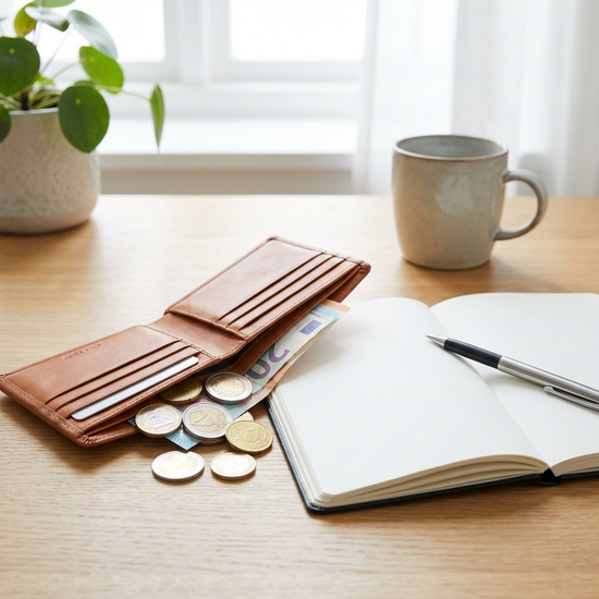 Ein offenes Portemonnaie auf einem Holztisch, daneben liegen einige Euro-Münzen und ein Notizbuch mit einem Stift. Die Szene ist hell und ordentlich, symbolisiert Finanzen und Budgetierung im häuslichen Umfeld. Keine Texte oder Diagramme.