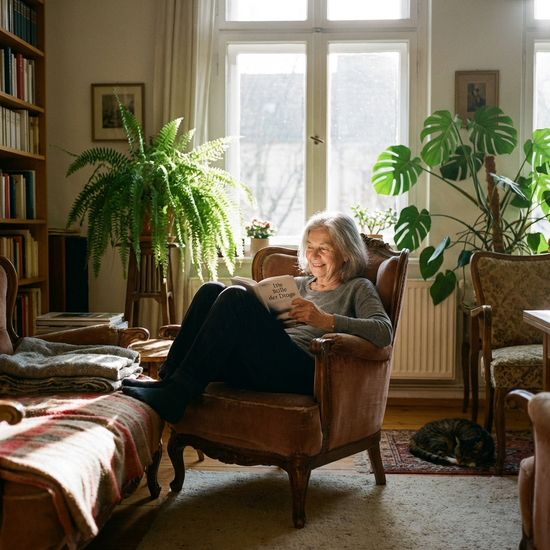 Eine ältere Dame sitzt entspannt in einem bequemen Sessel in ihrem Wohnzimmer und liest ein Buch. Warmer Sonneneinfall, gemütliche Einrichtung mit Zimmerpflanzen. Ruhige, friedliche Stimmung.