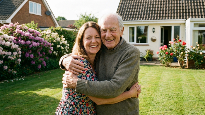 Eine erwachsene Tochter umarmt ihren älteren Vater liebevoll im Garten eines Einfamilienhauses. Beide lächeln glücklich. Im Hintergrund blühende Sträucher und ein gepflegter Rasen. Sonniges Tageslicht.