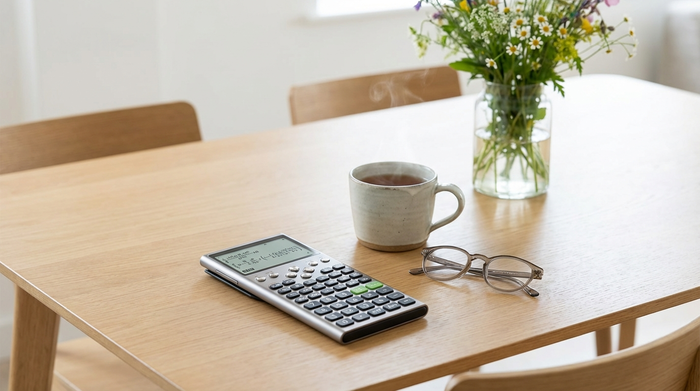 Ein moderner Taschenrechner liegt neben einer Tasse Tee und einer Brille auf einem hellen Esstisch. Im Hintergrund unscharf eine Vase mit frischen Blumen. Fokus auf den Rechner, klare und aufgeräumte Szene ohne Text.