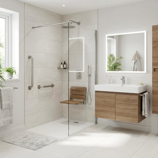 Ein modernes, helles und barrierefreies Badezimmer mit einer großzügigen, ebenerdigen Dusche. Ein eleganter Haltegriff ist an der hell gefliesten Wand angebracht. Sauber, sicher und stilvoll eingerichtet.