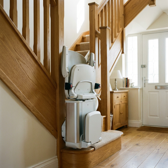 Ein moderner Treppenlift ist an einer gepflegten Holztreppe in einem hellen Flur montiert. Der Sitz ist hochgeklappt. Im Hintergrund eine weiße Haustür und eine kleine Kommode. Realistische Wohnumgebung.