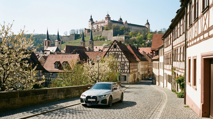 Blick auf die Würzburger Altstadt mit der Festung Marienberg im Hintergrund an einem sonnigen Tag. Ein modernes Auto fährt eine malerische Straße entlang. Realistische Fotografie, klare Farben, keine Textelemente.