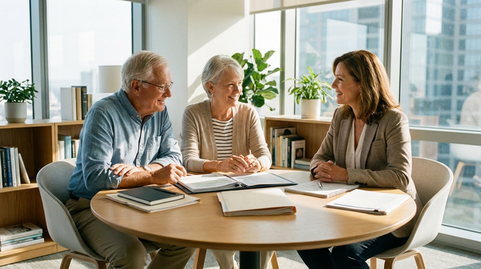 Ein älteres Ehepaar sitzt gemeinsam mit einer freundlichen Beraterin an einem runden Tisch, vor ihnen liegen übersichtlich geordnete Dokumente. Helles Büro, seriöse und vertrauensvolle Stimmung, authentische Personen.