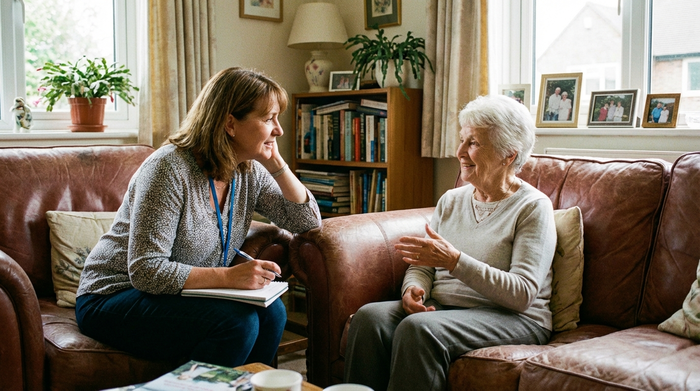 Eine freundliche Pflegeberaterin im Gespräch mit einer Seniorin auf einem bequemen Sofa. Die Beraterin hört aufmerksam zu und macht sich Notizen. Gemütliche, aufgeräumte Wohnzimmerumgebung, authentische Mimik.