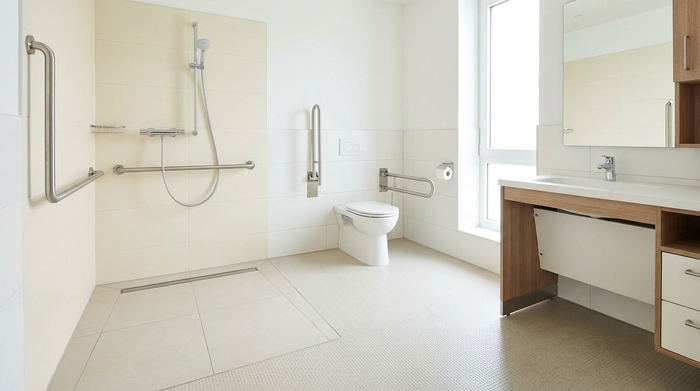 Ein modern renoviertes, barrierefreies Badezimmer mit einer ebenerdigen Dusche, stabilen Haltegriffen an den Wänden und einem rutschfesten Boden. Helle Fliesen, sauberes und sicheres Ambiente ohne Text.