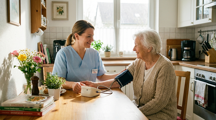 Eine professionelle Pflegekraft in sauberer, hellblauer Dienstkleidung misst liebevoll den Blutdruck einer lächelnden Seniorin in deren gemütlicher Küche. Helles Tageslicht, aufgeräumte Umgebung, vertrauensvolle Stimmung.