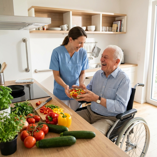 Eine aufmerksame Betreuungskraft kocht gemeinsam mit einem älteren Herrn in einer modernen, barrierefreien Küche. Frisches Gemüse liegt auf der Arbeitsfläche. Beide lachen und genießen die gemeinsame Aktivität.