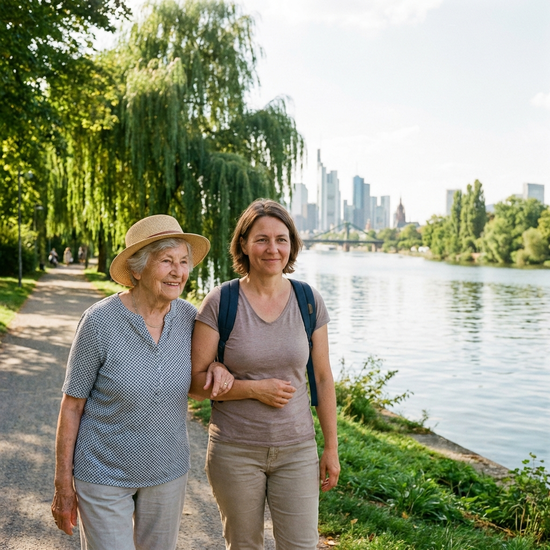 Zwei Frauen, eine Seniorin und ihre Betreuerin, spazieren entspannt an einem sonnigen Tag am Ufer des Mains. Grüne Bäume und ruhiges Wasser im Hintergrund, harmonische Stimmung.