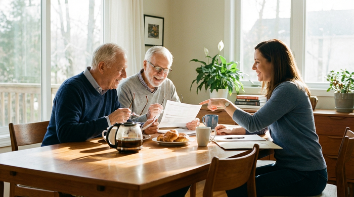 Ein älteres Ehepaar sitzt am Esstisch und bespricht entspannt Dokumente mit einer freundlichen Beraterin. Eine Kaffeekanne und Tassen stehen auf dem Tisch. Helle und positive Atmosphäre.