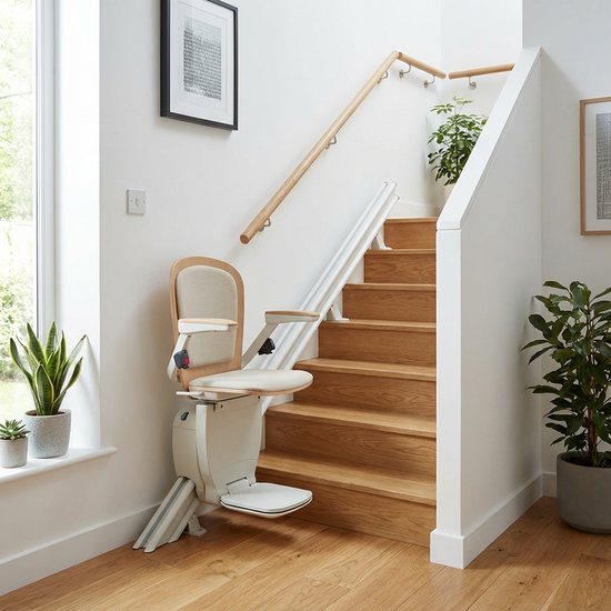 Ein moderner, unauffälliger Treppenlift in einem gepflegten, hellen Treppenhaus eines Einfamilienhauses. Hochwertige Holzstufen und weiße Wände, saubere und sichere Umgebung.