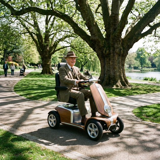 Ein eleganter, älterer Herr fährt mit einem modernen Elektromobil durch einen gepflegten Park mit großen, grünen Bäumen und sonnigen Wegen.