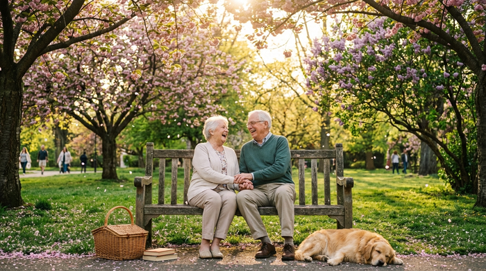 Ein glückliches, älteres Ehepaar sitzt entspannt auf einer Parkbank im Grünen, umgeben von blühenden Bäumen, und genießt die gemeinsame Zeit an einem sonnigen Nachmittag.