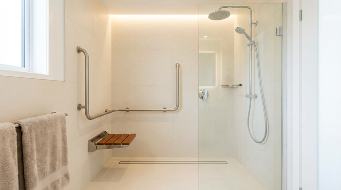 Eine moderne, bodengleiche Dusche in einem hell gefliesten, barrierefreien Badezimmer mit eleganten Haltegriffen und einem klappbaren Duschsitz, sehr sauber und einladend.