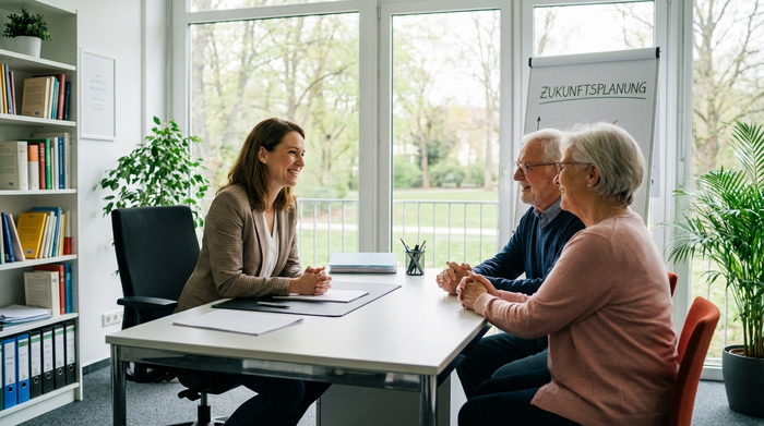 Eine professionelle Beraterin sitzt einem älteren Ehepaar an einem Schreibtisch gegenüber. Alle lächeln freundlich in einer vertrauensvollen und unterstützenden Beratungssituation in einem hellen Büro.