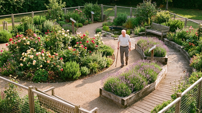 Ein sicherer, idyllischer Demenzgarten mit rollstuhlgerechten, geschwungenen Rundwegen. Bunte, duftende Blumenbeete und Hochbeete mit blühendem Lavendel säumen den Weg. Ein älterer Herr spaziert friedlich im warmen Nachmittagslicht. Realistische, ruhige Szene ohne Text.