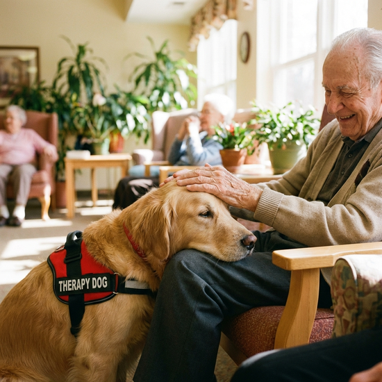 Ein freundlicher Therapiehund, ein Golden Retriever, legt seinen Kopf sanft auf den Schoß eines lächelnden Seniors im Pflegeheim. Der Senior streichelt das Tier liebevoll. Helle, einladende Umgebung, realistische Fotografie.