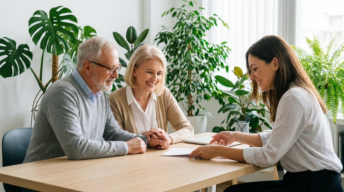 Ein älteres Ehepaar sitzt gemeinsam mit einer freundlichen Beraterin an einem hellen Holztisch und bespricht Dokumente. Die Atmosphäre ist vertrauensvoll und unterstützend. Helles Büro mit grünen Zimmerpflanzen im Hintergrund. Realistisch, keine lesbaren Texte.