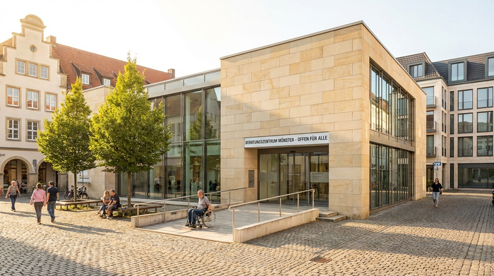 Außenansicht eines modernen, einladenden Beratungszentrums in einer deutschen Stadt. Große Glasfronten, helle Sandsteinfassade, ein barrierefreier Eingang mit sanfter Rampe. Einige Menschen gehen entspannt auf dem gepflasterten Vorplatz im Sonnenschein.