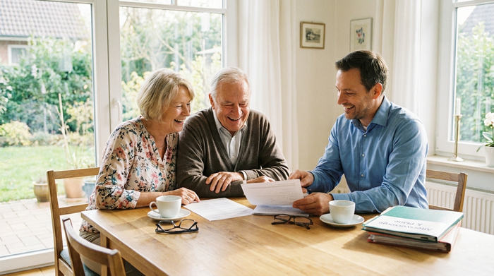 Ein älteres Ehepaar sitzt gemeinsam mit einem freundlichen Berater an einem hellen Holztisch. Sie betrachten entspannt einige Dokumente. Die Stimmung ist erleichtert und positiv. Sanftes Tageslicht erhellt den Raum.