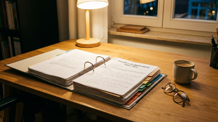 Ein ordentlich sortierter, dicker Aktenordner liegt aufgeschlagen auf einem aufgeräumten Schreibtisch. Daneben eine Tasse Kaffee und eine Lesebrille. Das warme Licht einer Schreibtischlampe beleuchtet die Papiere sanft.