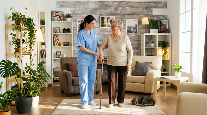 Eine geduldige, professionelle Pflegekraft in hellblauer Kleidung hilft einer lächelnden Seniorin beim Gehen im eigenen Wohnzimmer. Die Umgebung ist gemütlich und familiär, dekoriert mit grünen Zimmerpflanzen.