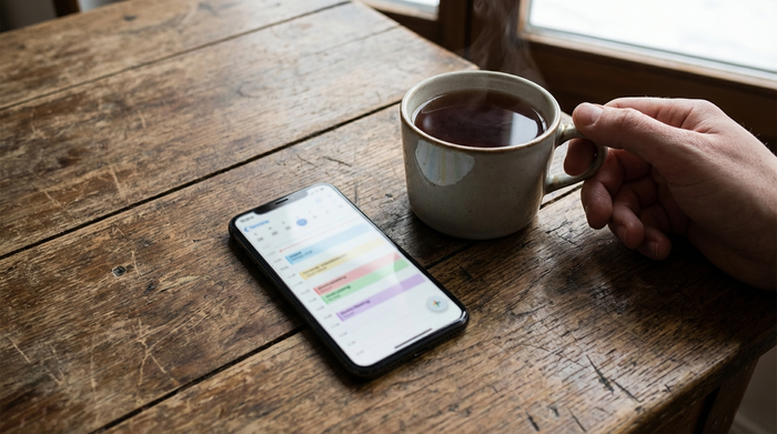 Ein modernes Smartphone liegt neben einer Tasse Tee auf einem rustikalen Holztisch. Auf dem Bildschirm ist verschwommen ein Kalender mit markierten Terminen zu erahnen. Eine Hand greift gerade nach dem Gerät.