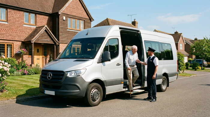 Ein komfortabler Kleinbus mit geöffneter Schiebetür steht vor einem gepflegten Einfamilienhaus. Ein freundlicher Fahrer hilft einem lächelnden Senior rücksichtsvoll beim Einsteigen. Sonniges Wetter, klare und friedliche Umgebung.